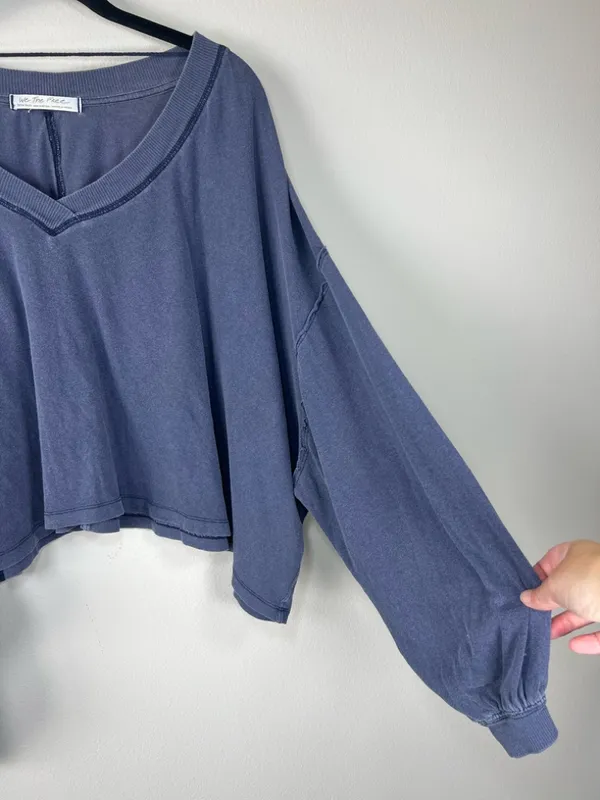 Free People We The Free Buffy Tee Shirt Blue Oversize Crop Long Sleeve Cotton XS - Image 4