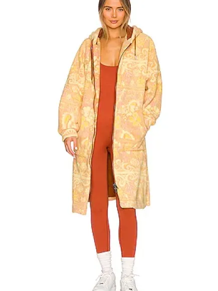 Free People Hooded Sherpa Jacket in Rust and Cream with Yellow Accents - Image 2