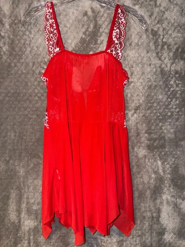 Kle Red Lace and Feather Trim Babydoll Lingerie Dress - Image 7