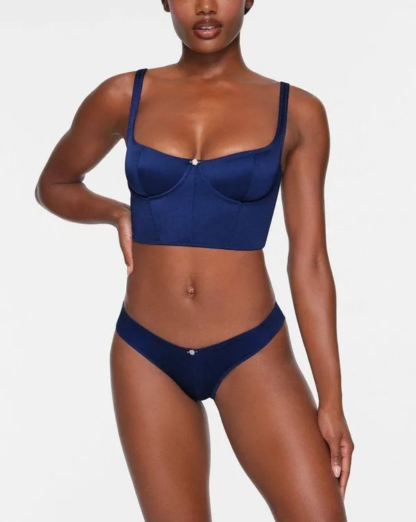 Skims Stretch Satin Corset in Neptune - Image 2