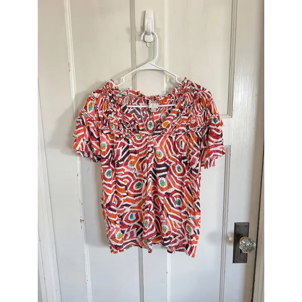 Anthropologie Maeve Short-Sleeve‎ Ruffle Yoke Colorful Blouse size xs - Image 2