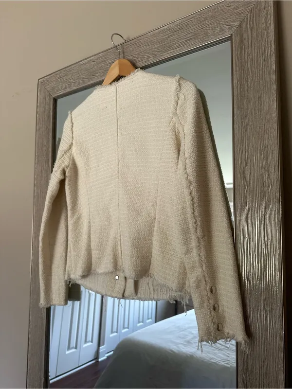 One/Third Ivory Cream Tweed Blazer Jacket Silver Details Size Small - Image 3