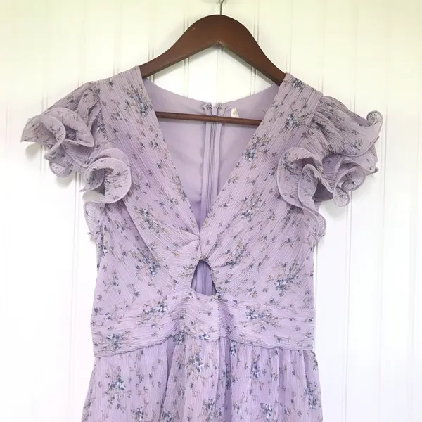 ASTR the Label Pleated Tiered Midi Dress Small Purple Floral Wedding Guest Party - Image 5