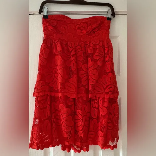 Maeve Anthropologie Strapless Red Lace Dress Size XS‎ EUC - Image 4