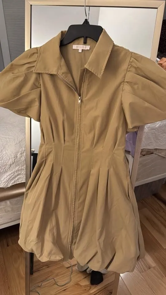 Olivaceous Khaki Fit & Flare Zip Up Mini Dress - Image 2