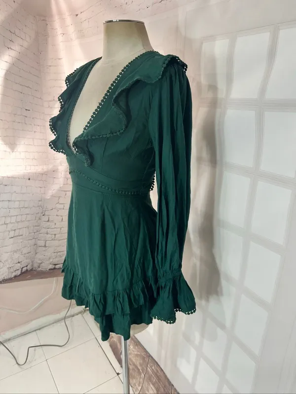 Altar’d State Green V-Neck Lace Up Back Ruffle Layered Mini Dress Size Medium - Image 3