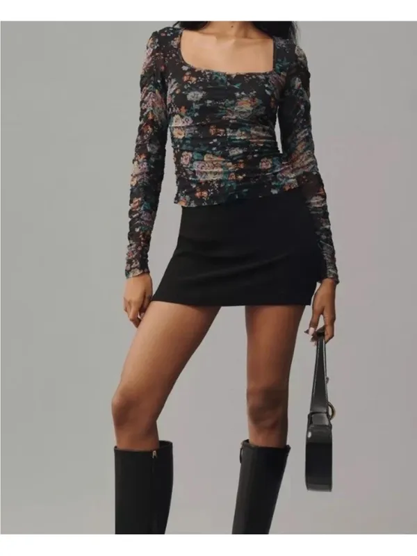 Anthropologie XS Top New NWT Long Sleeve Floral Ruched Mesh black Gorgeous RARE - Image 3