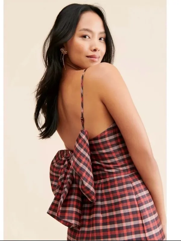Anthropologie Hutch Plaid Bow Jumpsuit in Red 8 Classic Preppy Holiday Festive - Image 5