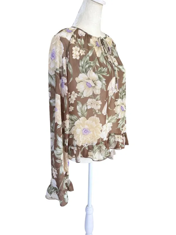 Loft brown and ivory floral ruffle tie front sheer blouse women's size medium - Image 2