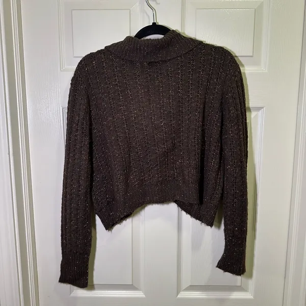 Y2K Sweater Cardigan Brown Tinsel Sz XL Single Button Curved Cropped Cable Knit - Image 5