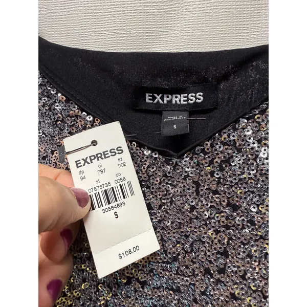 Express Sequin Mini Dress Women Sz S Black‎ Silver Sleeveless Bodycon Formal - Image 3