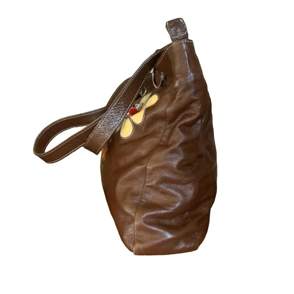 Arte Piel Brown Handcrafted W/Applique Flowers Leather Tote Shoulder Bag - Image 7
