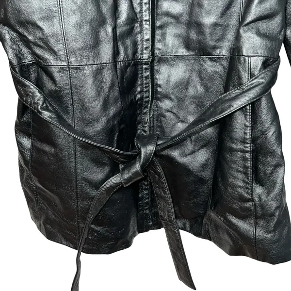 VTG Outbrook Womens Black Genuine Leather Zipper Lined‎ Belted Waist Jacket Sz L - Image 3