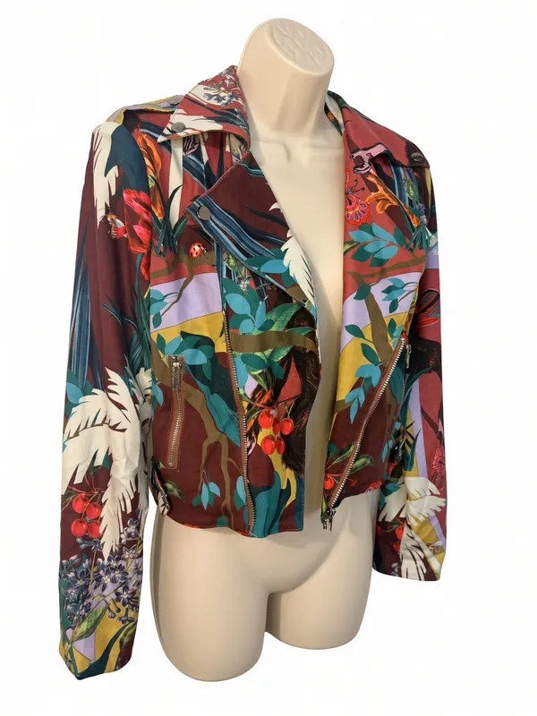 RIVIR Cropped Moto Jacket Size S NWT Tropical Jungle Print Zip - Image 2