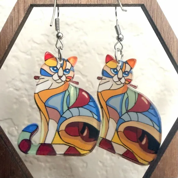 Colorful Stained Glass Style Cat Dangle Earrings - Image 2