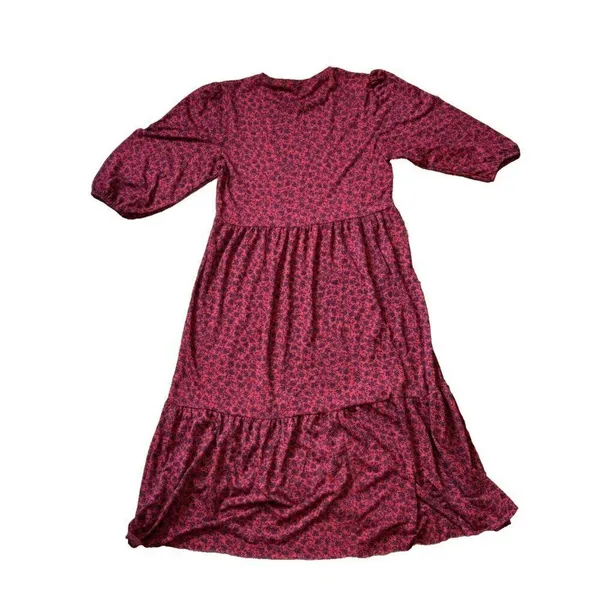 ZARA Red Black Dainty Floral 1/4 Sleeves Tiered Maxi Dress Womens Size Small S - Image 6