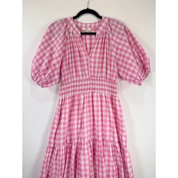 Entro Midi Dress Pink Tiered Gingham V Neck Puff Sleeve Smocked A Line Medium - Image 6