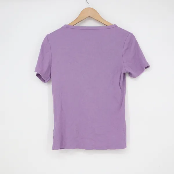 Purple Asymmetrical Neckline Button Front Ribbed Short Sleeve Top Medium - Image 3