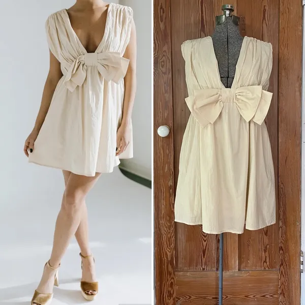 BUCKET LIST Darcy Cream Big Bow Deep V Babydoll Coquette Mini Dress - Size M - Image 2