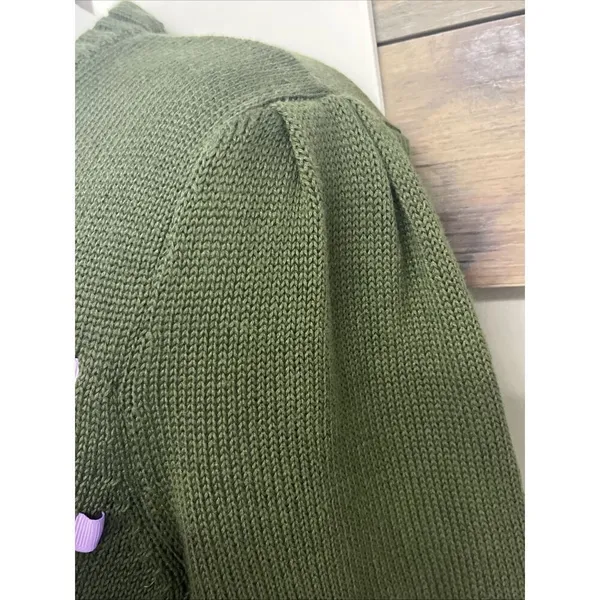 ModCloth Olive Green Knit Puff Short Sleeve Sweater Light Purple Ribbon- Medium - Image 6