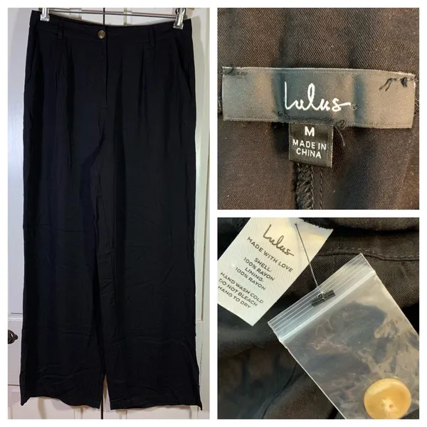 Lulus Black High Waisted‎ Wide Leg Pleated Rayon Trousers Pants Office Church M - Image 10