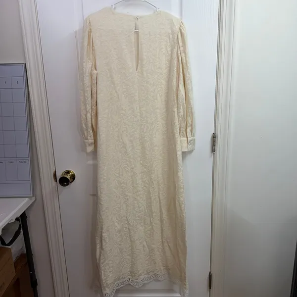 Vintage cream lace embroidered hem lined‎ long puff sleeve cottagecore dress M - Image 6