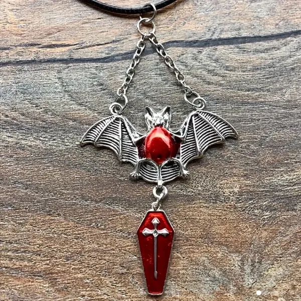 1pc‎ Red Bat & Coffin Gothic Bohemian Style Black Rope Necklace - Image 4
