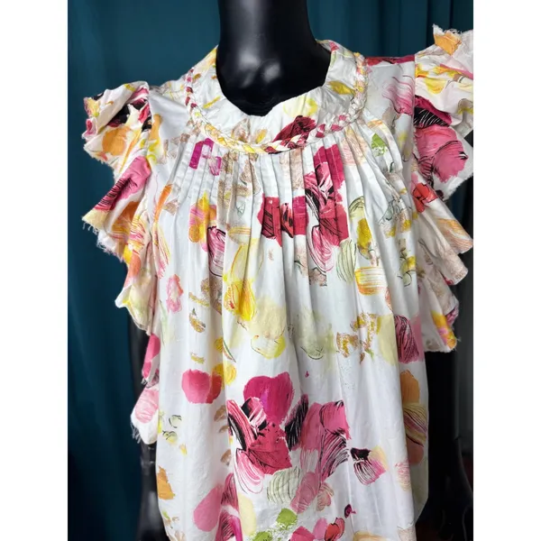 FAIRHOPE White Floral Ruffle Sleeve Pintuck Neck Blouse Women's‎ Medium - Image 2