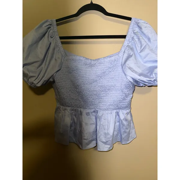 ASTR The Label Light Blue Puff Sleeve Tie Front Peplum Milkmaid top L Coquette - Image 6