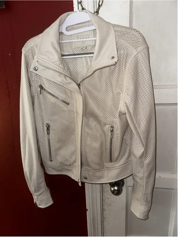 BLANKNYC Perforated Faux Leather Moto Jacket Cream Off White Biker Zip Medium - Image 4