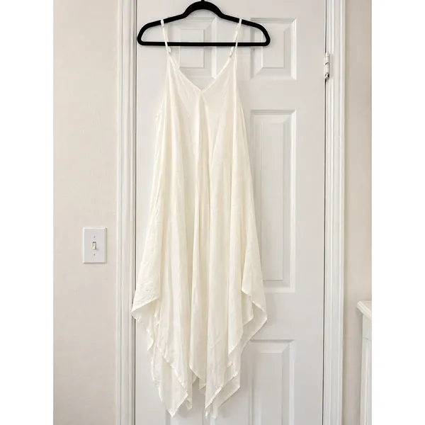 Elan White Sheer Asymmetric Handkerchief Hem Slip Dress Boho Resort Midi Medium - Image 4