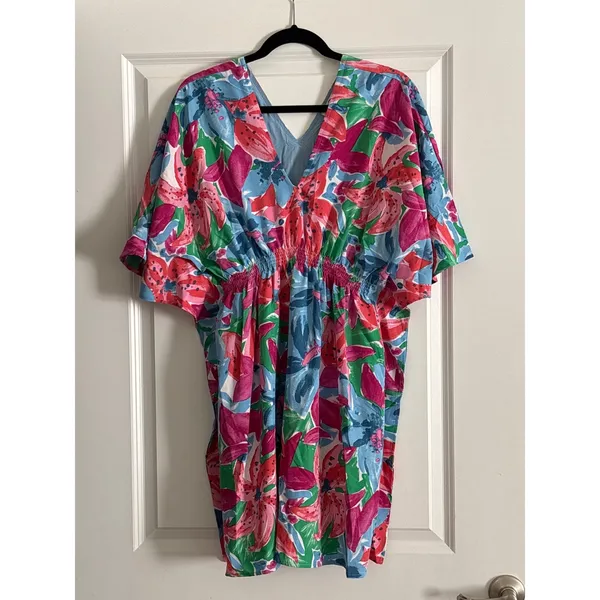 Entro Multicolor Floral‎ Mini Dress V-Neck Smocked Waist Size Medium NWT - Image 2