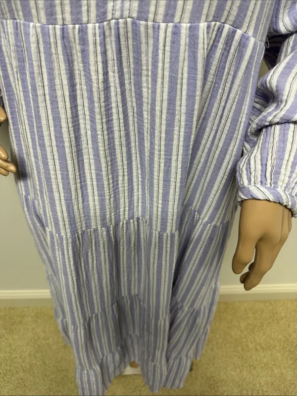 New Universal Thread Blue & White Striped Long Sleeve V-Neck Tiered Maxi Dress S - Image 6