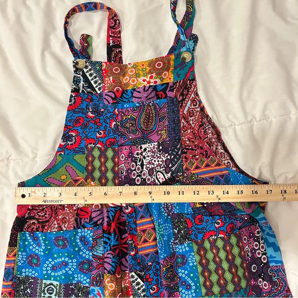 Incredible Retro Boho Multicolor Dopamine Dressing Patchwork 1970s Overalls Red Size M - Image 8