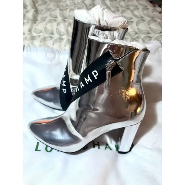 Longchamp Mirror Metallic Silver Logo Heeled Ankle Boot Designer 37 - Image 6