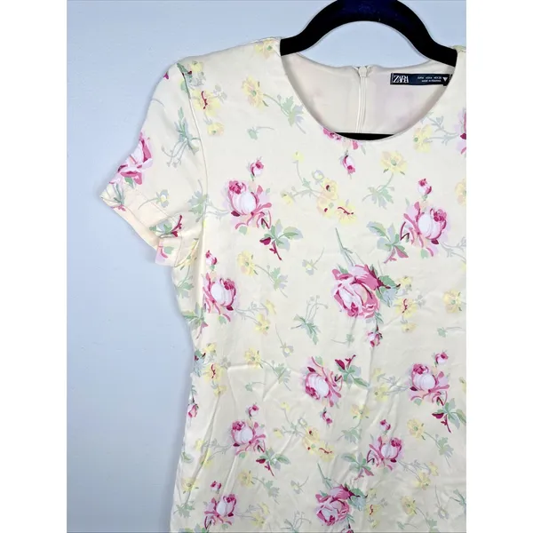 Zara Medium Dress Womens Floral Short Sleeve 90s Style‎ Yellow Pink Roses Lined - Image 9