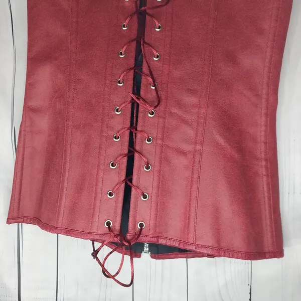 Charmian Renisssnce Red Faux Leather With Boning Corset Top with Zipper And Lace - Image 10