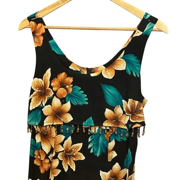 Vintage Y2K Maxi Dress 6‎ Black Tropical Floral Beaded Resort Beachwear Vacation - Image 3