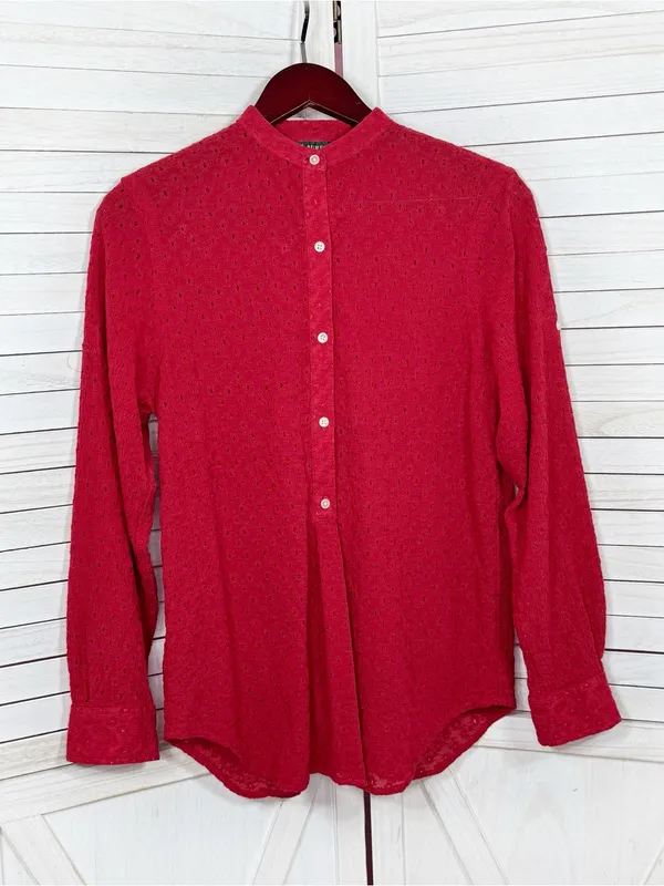 Lauren Ralph Lauren Eyelet Button Up Tunic Shirt Red Small Cottage Preppy Cotton - Image 7