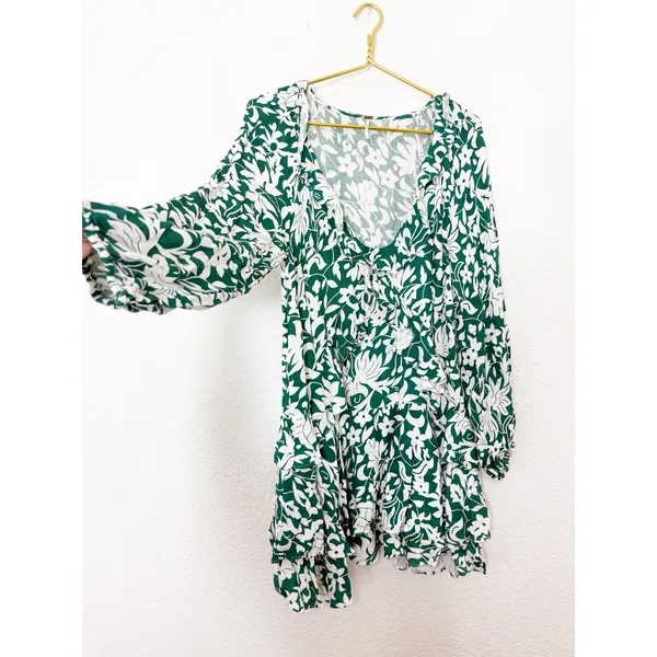 Free People Rebecka Floral Ruffled Mini Dress Size Medium Emerald Green - Image 11