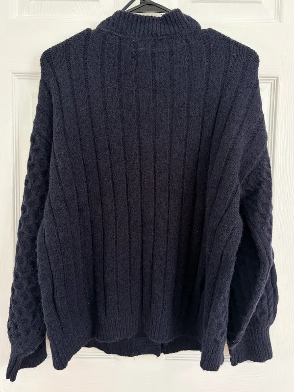 Umgee Navy Cable Knit Cardigan Gold Medallion Buttons Oversized Preppy Boho S - Image 3