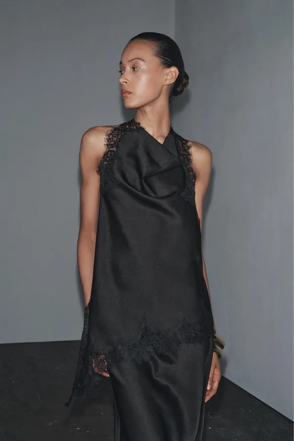 Zara elegant Black Satin Lace-Trim Halter Top - Image 11