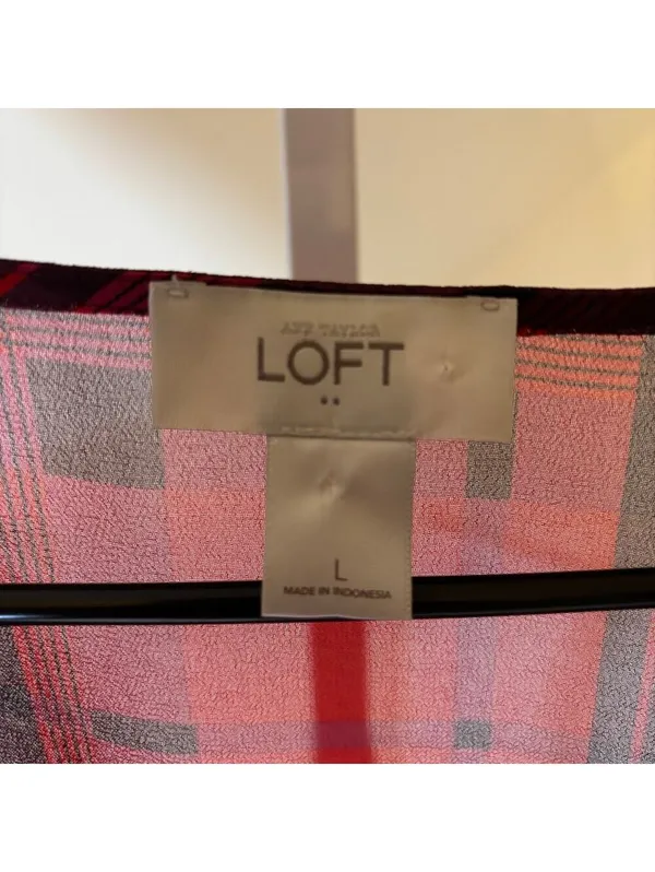 Loft EUC Women's Sheer Red Plaid Faux Wrap Blouse Size L - Image 2