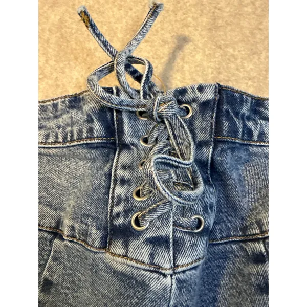Arula Blue Lace Up Back Flare Jeans Frayed Hem Medium Wash Size 14 - Image 5