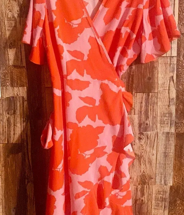 Plus size casual dress women's floral print short sleeve surplice neck ruffle 60 - Image 3