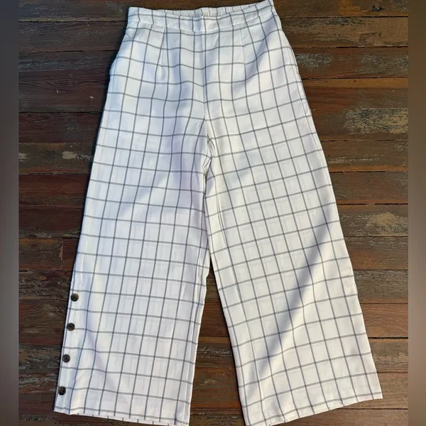 Skies Are Blue Windowpane Plaid Wide Leg Crop Pull On Pants Button Hem Sz S 💛🍄 - Image 6