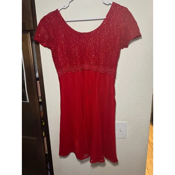 Vintage Molly Malloy Evening Red Glitter Lace Empire Waist Cocktail Dress Womens - Image 2
