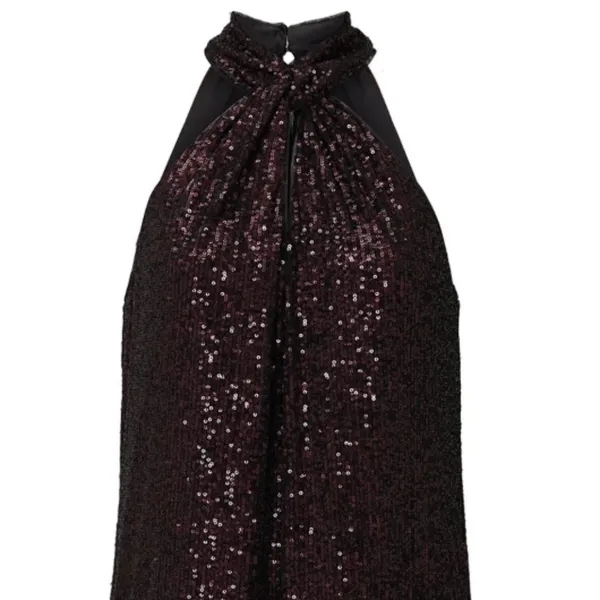 Parker Dallas Sleeveless Twist Halter Lined Burgundy Sequined Top Size Medium - Image 12