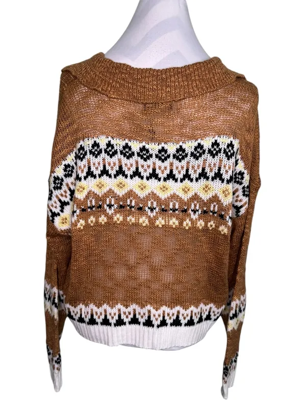 Angie NWT Collared Fair Isle Cropped Knit Sweater Mustard Brown Boho Medium - Image 5