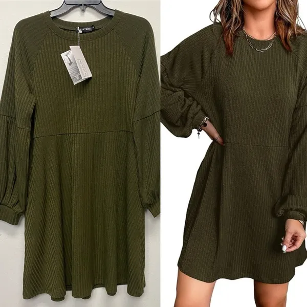 Women's Long Sleeve Medium Olive‎ Green Midi Sweater Dress Ribbed High Waist - Image 2